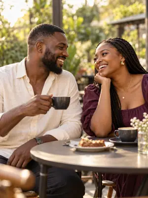 Two people talking over coffee at an outdoor cafe table