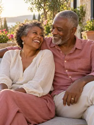 Two people sitting close together outdoors in evening light