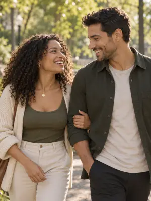 Two people walking together through a park, laughing